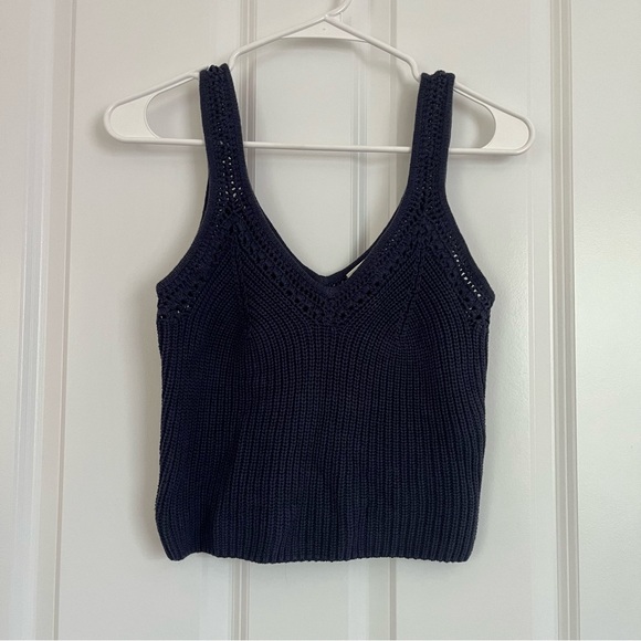 Abercrombie Ribbed Pointelle Knit V-Neck Tank  in Navy - Picture 3 of 5